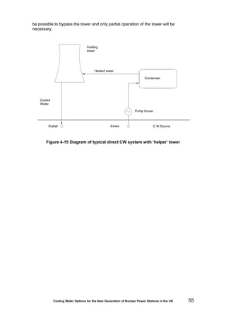 Cooling Water Options for the New Generation of Nuclear Power Stations in the UK 55
be possible to bypass the tower and only partial operation of the tower will be
necessary.
Figure 4-15 Diagram of typical direct CW system with ‘helper’ tower
 