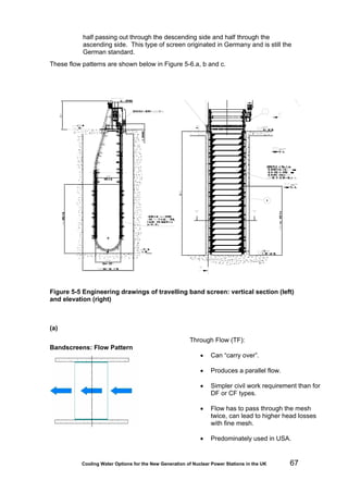Cooling Water Options for the New Generation of Nuclear Power Stations in the UK 67
half passing out through the descending side and half through the
ascending side. This type of screen originated in Germany and is still the
German standard.
These flow patterns are shown below in Figure 5-6.a, b and c.
Figure 5-5 Engineering drawings of travelling band screen: vertical section (left)
and elevation (right)
(a)
Bandscreens: Flow Pattern
Through Flow (TF):
• Can “carry over”.
• Produces a parallel flow.
• Simpler civil work requirement than for
DF or CF types.
• Flow has to pass through the mesh
twice, can lead to higher head losses
with fine mesh.
• Predominately used in USA.
 