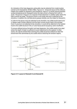 Cooling Water Options for the New Generation of Nuclear Power Stations in the UK 81
An indication of the heat dispersion achievable may be obtained from model studies
carried out for Sizewell B, CEGB (1986). Figure 5-11 shows the layout of the offshore
intakes and outfalls for Sizewell A and Sizewell B. Figure 5-12 shows typical predicted
surface temperatures for Sizewell B when the tidal current is flowing from north to
south. The plume in Figure 5-12 is typical of heat dispersion in shallow water where the
tidal currents are weak. The plume covers a very large area and is attached to the
shoreline. In addition the mid-field plume passes directly over the intake for Sizewell A.
In order for the plume not to be attached to the shoreline, the outfall would need to be
in deeper water (further offshore) and the tidal currents would need to be stronger.
Even if a plume is not attached to the shoreline, it could still be attached to the seabed
local to the outfall structure if the ΔT (and hence plume buoyancy) were insufficient.
To ensure efficient plume formation and heat dispersion, the outfall needs to be sited
where the depth of water is sufficient to avoid attachment to the seabed. In other
words, the natural ambient flow reaching the outfall should be sufficient to feed the
entrainment flow demanded by the outfall without distorting the ambient regime.
Figure 5-11 Layout of Sizewell A and Sizewell B
 