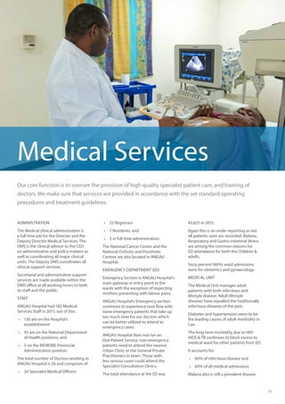 15
Our core function is to oversee the provision of high quality specialist patient care, and training of
doctors. We make sure that services are provided in accordance with the set standard operating
procedures and treatment guidelines.
Medical Services
ADMINISTRATION
The Medical clinical administration is
a full time job for the Director and the
Deputy Director Medical Services. The
DMS is the clinical advisor to the CEO
on administrative and policy matters as
well as coordinating all major clinical
units. The Deputy DMS coordinates all
clinical support services.
Secretarial and administrative support
services are made available within the
DMS office at all working hours to both
its staff and the public.
STAFF
ANGAU Hospital had 182 Medical
Services Staff in 2015, out of this:
•	 130 are on the Hospital’s
establishment
•	 45 are on the National Department
of Health positions, and
•	 5 on the MOROBE Provincial
Administration position.
The total number of Doctors working in
ANGAU Hospital is 56 and comprises of:
•	 24 Specialist Medical Officers
•	 22 Registrars
•	 7 Residents, and
•	 3 in full time administration.
The National Cancer Centre and the
National Orthotic and Prosthetic
Centres are also located in ANGAU
Hospital.
EMERGENCY DEPARTMENT (ED)
Emergency Section is ANGAU Hospital’s
main gateway or entry point to the
wards with the exception of expecting
mothers presenting with labour pains.
ANGAU Hospital’s Emergency section
continues to experience over flow with
none emergency patients that take up
too much time for our doctors which
can be better utilized to attend to
emergency cases.
ANGAU Hospital does not run an
Out-Patient Service; non-emergency
patients need to attend the nearest
Urban Clinic or the General Private
Practitioners in town. Those with
less serious cases could attend the
Specialist Consultation Clinics.
The total attendance at the ED was
43,825 in 2015.
Again this is an under reporting as not
all patients seen are recorded. Malaria,
Respiratory and Gastro intestinal illness
are among the common reasons for
ED attendance for both the Children &
adults.
Sixty percent (60%) ward admissions
were for obstetrics and gynaecology.
MEDICAL UNIT
The Medical Unit manages adult
patients with both infectious and
lifestyle disease. Adult lifestyle
diseases have equalled the traditionally
infectious diseases of the past.
Diabetes and hypertension seem to be
the leading causes of adult morbidity in
Lae.
The long term morbidity due to HIV/
AIDS & TB continues to block excess to
medical ward for other patients from ED.
It accounts for:
•	 60% of infectious disease and
•	 60% of all medical admissions.
Malaria also is still a prevalent disease
 