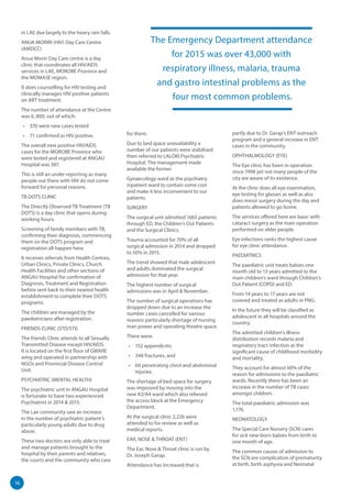 16
in LAE due largely to the heavy rain falls.
ANUA MORIRI (HIV) Day Care Centre
(AMDCC)
Anua Moriri Day Care centre is a day
clinic that coordinates all HIV/AIDS
services in LAE, MOROBE Province and
the MOMASE region.
It does counselling for HIV testing and
clinically manages HIV positive patients
on ART treatment.
The number of attendance at the Centre
was 6, 800, out of which:
•	 370 were new cases tested
•	 71 confirmed as HIV positive.
The overall new positive HIV/AIDS
cases for the MOROBE Province who
were tested and registered at ANGAU
Hospital was 387.
This is still an under reporting as many
people out there with HIV do not come
forward for personal reasons.
TB DOTS CLINIC
The Directly Observed TB Treatment (TB
DOTS) is a day clinic that opens during
working hours.
Screening of family members with TB,
confirming their diagnosis, commencing
them on the DOTS program and
registration all happen here.
It receives referrals from Health Centres,
Urban Clinics, Private Clinics, Church
Health Facilities and other sections of
ANGAU Hospital for confirmation of
Diagnosis, Treatment and Registration
before sent back to their nearest health
establishment to complete their DOTS
programs.
The children are managed by the
paediatricians after registration.
FRIENDS CLINIC (STD/STI)
The friends Clinic attends to all Sexually
Transmitted Disease except HIV/AIDS.
It is located on the first floor of GWARE
wing and operated in partnership with
NGOs and Provincial Disease Control
Unit.
PSYCHIATRIC (MENTAL HEALTH)
The psychiatric unit in ANGAU Hospital
is fortunate to have two experienced
Psychiatrist in 2014 & 2015.
The Lae community saw an increase
in the number of psychiatric patient’s
particularly young adults due to drug
abuse.
These two doctors are only able to treat
and manage patients brought to the
hospital by their parents and relatives,
the courts and the community who care
for them.
Due to bed space unavailability a
number of our patients were stabilised
then referred to LALOKI Psychiatric
Hospital. The management made
available the former
Gynaecology ward as the psychiatry
inpatient ward to contain some cost
and make it less inconvenient to our
patients.
SURGERY
The surgical unit admitted 1665 patients
through ED, the Children’s Out Patients
and the Surgical Clinics.
Trauma accounted for 70% of all
surgical admission in 2014 and dropped
to 50% in 2015.
The trend showed that male adolescent
and adults dominated the surgical
admission for that year.
The highest number of surgical
admissions was in April & November.
The number of surgical operations has
dropped down due to an increase the
number cases cancelled for various
reasons particularly shortage of nursing
man power and operating theatre space.
There were:
•	 152 appendicitis
•	 348 fractures, and
•	 60 penetrating chest and abdominal
injuries.
The shortage of bed space for surgery
was improved by moving into the
new A3/A4 ward which also relieved
the access block at the Emergency
Department.
At the surgical clinic 2,226 were
attended to for review as well as
medical reports.
EAR, NOSE & THROAT (ENT)
The Ear, Nose & Throat clinic is run by
Dr. Joseph Garap.
Attendance has increased that is
partly due to Dr. Garap’s ENT outreach
program and a general increase in ENT
cases in the community.
OPHTHALMOLOGY (EYE)
The Eye clinic has been in operation
since 1998 yet not many people of the
city are aware of its existence.
At the clinic does all eye examination,
eye testing for glasses as well as also
does minor surgery during the day and
patients allowed to go home.
The services offered here are basic with
cataract surgery as the main operation
performed on older people.
Eye infections ranks the highest cause
for eye clinic attendance.
PAEDIATRICS
The paediatric unit treats babies one
month old to 13 years admitted to the
main children’s ward through Children’s
Out Patient (COPD) and ED.
From 14 years to 17 years are not
covered and treated as adults in PNG.
In the future they will be classified as
adolescent in all hospitals around the
country.
The admitted children’s illness
distribution records malaria and
respiratory tract infection as the
significant cause of childhood morbidity
and mortality.
They account for almost 60% of the
reason for admissions to the paediatric
wards. Recently there has been an
increase in the number of TB cases
amongst children.
The total paediatric admission was
1,176.
NEONATOLOGY
The Special Care Nursery (SCN) cares
for sick new-born babies from birth to
one month of age.
The common causes of admission to
the SCN are complication of prematurity
at birth, birth asphyxia and Neonatal
The Emergency Department attendance
for 2015 was over 43,000 with
respiratory illness, malaria, trauma
and gastro intestinal problems as the
four most common problems.
 