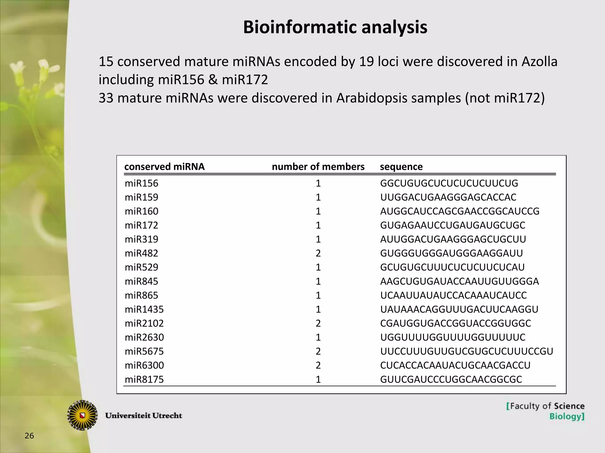 26
Bioinformatic analysis
conserved miRNA number of members sequence
miR156 1 GGCUGUGCUCUCUCUCUUCUG
miR159 1 UUGGACUGAAGGGAGCACCAC
miR160 1 AUGGCAUCCAGCGAACCGGCAUCCG
miR172 1 GUGAGAAUCCUGAUGAUGCUGC
miR319 1 AUUGGACUGAAGGGAGCUGCUU
miR482 2 GUGGGUGGGAUGGGAAGGAUU
miR529 1 GCUGUGCUUUCUCUCUUCUCAU
miR845 1 AAGCUGUGAUACCAAUUGUUGGGA
miR865 1 UCAAUUAUAUCCACAAAUCAUCC
miR1435 1 UAUAAACAGGUUUGACUUCAAGGU
miR2102 2 CGAUGGUGACCGGUACCGGUGGC
miR2630 1 UGGUUUUGGUUUUGGUUUUUC
miR5675 2 UUCCUUUGUUGUCGUGCUCUUUCCGU
miR6300 2 CUCACCACAAUACUGCAACGACCU
miR8175 1 GUUCGAUCCCUGGCAACGGCGC
15 conserved mature miRNAs encoded by 19 loci were discovered in Azolla
including miR156 & miR172
33 mature miRNAs were discovered in Arabidopsis samples (not miR172)
 