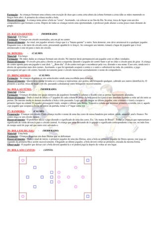 Formação: As crianças formam uma coluna com exceção de duas que a uma certa altura da coluna formam a cesta (dão as mãos mantendo os
braços bem alto). A primeira da coluna recebe a bola.
Desenvolvimento: A criança tenta atirar a bola na “cesta”. Acertando, vai colocar-se no fim da fila. Se errar, troca de lugar com um dos
companheiros que formam a cesta. Depois de todas as crianças terem uma oportunidade, o professor pode afastar a cesta pouco mais distante do
grupo.


23) BATATA QUENTE:             - (MODERADO)
Material: Um lenço
Formação: Crianças em círculo assentadas, um em pé no centro
Desenvolvimento: Ao sinal, um jogador atirará o lenço que é a “batata quente” a outro. Sem demorar, este deve arremessá-lo a qualquer jogador.
Enquanto isso, o do meio do círculo corre, procurando apanhá-lo (o lenço). Ao conseguir seu intento, tomará o lugar do jogador que o tiver
arremessado e este irá para o meio do círculo.

24) BOM DIA:          -   (CALMO)
Material: Um lenço
Formação: De mãos dadas as crianças formam um círculo. No interior deste permanecerá um jogador com os olhos vendados.
Desenvolvimento: O circulo gira para a direita ou para a esquerda. Quando o jogador do centro bater o pé no chão o círculo para de girar. A criança
do centro aponta para um jogador e este dirá: “__Bom dia”. O do centro terá que o reconhecer pela voz, dizendo o seu nome. Caso erre, ainda terá o
direito de apresentar mais dois nomes. Acertando, o que foi apontado ocupará o centro e o outro o substituirá na roda, do contrário, o jogo
prosseguirá até que o do centro, fazendo novamente parar o círculo mencionar acertadamente o nome do companheiro.

25) BRINCADEIRAS:             -    (CALMO)
Formação: As crianças dispõem-se em semicírculos sendo uma escolhida para começar.
Desenvolvimento: Quem deve iniciar levanta-se e começa a representar, por gestos, um brinquedo qualquer, cabendo aos outros identificá-lo. O
primeiro a acertar, troca de lugar com ele, passando a dramatizar outro brinquedo sucessivamente.

26) BOLA AO TÚNEL:            - (MODERADO)
Material: 2 bolas
Formação: Crianças divididas em iguais números de jogadores formarão 2 colunas e ficarão com as pernas ligeiramente afastadas.
Desenvolvimento: Dado o sinal de início o 1º jogador de cada coluna de posse da bola passá-la-á para o seu imediato fazendo-a rolar até ele entre as
pernas. Do mesmo modo os demais receberão a bola e irão passando. Logo que ela chegue ao último jogador, este a tomará e virará a ocupar o
primeiro lugar na coluna. O jogador prosseguirá vindo, sempre o último para frente. Vencerá a coluna que terminar primeiro a corrida, isto é, aquele
cujo jogador que ocupara a frente no início da partida, tomar o 1º lugar outra vez.

27) BANDEIRA:          -   (CALMO)
Preparação: Crianças em círculo. Cada criança recebe o nome de uma das cores de nossa bandeira por ordem: verde, amarelo, azul e branco. No
centro traça-se um círculo menor.
Desenvolvimento: O professor inicia o jogo dizendo o significado de uma das cores. Ex: “As matas do Brasil”. Todas as crianças que representam o
significado de verde devem ir para o círculo central. A criança que errar deixando de ir quando o significado correspondente à sua cor, ou indo fora
do tempo sairá do jogo até que outro erre salvando-o.

28) BOLA EM ZIG ZAG:            -   (MODERADO)
Material: Uma bola
Formação: Crianças dispersas em duas fileiras que se defrontam
Desenvolvimento: Dado o sinal de início, o primeiro jogador de uma das fileiras, atira a bola ao primeiro jogador da fileira oposta; este joga ao
segundo da primeira fila e assim sucessivamente. Chegando ao último jogador, a bola deverá voltar ao primeiro, cruzada da mesma forma.
Observação: O jogador que deixar cair a bola deverá apanhá-la e só poderá jogá-la depois de voltar ao seu lugar.

29) BOLA AOS CANTOS:             -   (ATIVO)
 