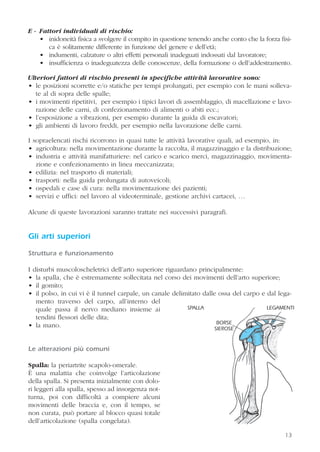 13
E - Fattori individuali di rischio:
• inidoneità fisica a svolgere il compito in questione tenendo anche conto che la forza fisi-
ca è solitamente differente in funzione del genere e dell’età;
• indumenti, calzature o altri effetti personali inadeguati indossati dal lavoratore;
• insufficienza o inadeguatezza delle conoscenze, della formazione o dell’addestramento.
Ulteriori fattori di rischio presenti in specifiche attività lavorative sono:
• le posizioni scorrette e/o statiche per tempi prolungati, per esempio con le mani solleva-
te al di sopra delle spalle;
• i movimenti ripetitivi, per esempio i tipici lavori di assemblaggio, di macellazione e lavo-
razione delle carni, di confezionamento di alimenti o abiti ecc.;
• l’esposizione a vibrazioni, per esempio durante la guida di escavatori;
• gli ambienti di lavoro freddi, per esempio nella lavorazione delle carni.
I sopraelencati rischi ricorrono in quasi tutte le attività lavorative quali, ad esempio, in:
• agricoltura: nella movimentazione durante la raccolta, il magazzinaggio e la distribuzione;
• industria e attività manifatturiere: nel carico e scarico merci, magazzinaggio, movimenta-
zione e confezionamento in linea meccanizzata;
• edilizia: nel trasporto di materiali;
• trasporti: nella guida prolungata di autoveicoli;
• ospedali e case di cura: nella movimentazione dei pazienti;
• servizi e uffici: nel lavoro al videoterminale, gestione archivi cartacei, …
Alcune di queste lavorazioni saranno trattate nei successivi paragrafi.
Gli arti superiori
Struttura e funzionamento
I disturbi muscoloscheletrici dell’arto superiore riguardano principalmente:
• la spalla, che è estremamente sollecitata nel corso dei movimenti dell’arto superiore;
• il gomito;
• il polso, in cui vi è il tunnel carpale, un canale delimitato dalle ossa del carpo e dal lega-
mento traverso del carpo, all’interno del
quale passa il nervo mediano insieme ai
tendini flessori delle dita;
• la mano.
Le alterazioni più comuni
Spalla: la periartrite scapolo-omerale.
È una malattia che coinvolge l’articolazione
della spalla. Si presenta inizialmente con dolo-
ri leggeri alla spalla, spesso ad insorgenza not-
turna, poi con difficoltà a compiere alcuni
movimenti delle braccia e, con il tempo, se
non curata, può portare al blocco quasi totale
dell’articolazione (spalla congelata).
LEGAMENTI
BORSE
SIEROSE
SPALLA
 