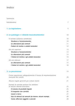 Indice
Sommario
Introduzione 7
1. La legislazione 9
2. Le patologie e i disturbi muscoloscheletrici 10
Il rachide (colonna vertebrale) 10
Struttura e funzionamento 10
Le alterazioni più comuni 11
Fattori di rischio e ambiti lavorativi 12
Gli arti superiori 13
Struttura e funzionamento 13
Le alterazioni più comuni 13
I fattori di rischio e gli ambiti lavorativi 14
Gli arti inferiori 17
Le alterazioni più comuni 17
I fattori di rischio e gli ambiti lavorativi 18
3. La prevenzione 19
Come organizzare adeguatamente il lavoro di movimentazione
manuale dei carichi 20
Alcune regole generali per evitare danni 21
Esempi di corrette posture da adottare
in alcune attività lavorative 25
Il travaso di prodotti liquidi 25
Il trasporto con carriola 26
Lavori a terra 27
Uso di attrezzi ed utensili da lavoro: alcuni esempi. 28
Come afferrare oggetti e utensili 28
 