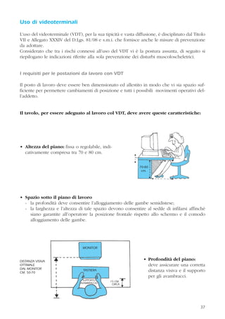 37
Uso di videoterminali
L’uso del videoterminale (VDT), per la sua tipicità e vasta diffusione, è disciplinato dal Titolo
VII e Allegato XXXIV del D.Lgs. 81/08 e s.m.i. che fornisce anche le misure di prevenzione
da adottare.
Considerato che tra i rischi connessi all’uso del VDT vi è la postura assunta, di seguito si
riepilogano le indicazioni riferite alla sola prevenzione dei disturbi muscoloscheletrici.
I requisiti per le postazioni da lavoro con VDT
Il posto di lavoro deve essere ben dimensionato ed allestito in modo che vi sia spazio suf-
ficiente per permettere cambiamenti di posizione e tutti i possibili movimenti operativi del-
l’addetto.
Il tavolo, per essere adeguato al lavoro col VDT, deve avere queste caratteristiche:
• Altezza del piano: fissa o regolabile, indi-
cativamente compresa tra 70 e 80 cm.
• Spazio sotto il piano di lavoro
- la profondità deve consentire l’alloggiamento delle gambe semidistese;
- la larghezza e l’altezza di tale spazio devono consentire al sedile di infilarsi affinché
siano garantite all’operatore la posizione frontale rispetto allo schermo e il comodo
alloggiamento delle gambe.
• Profondità del piano:
deve assicurare una corretta
distanza visiva e il supporto
per gli avambracci.
37
70-80
cm.
DISTANZA VISIVA
OTTIMALE
DAL MONITOR
CM. 50-70
MONITOR
TASTIERA
SUPPORTO
AVAMBRACCIO
15 CM.
CIRCA
 