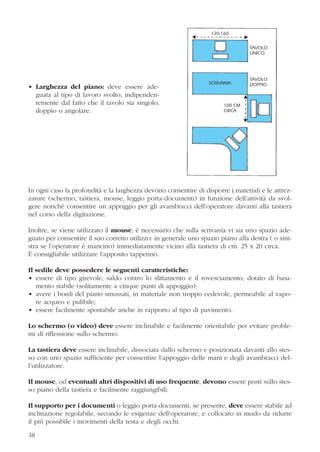 38
• Larghezza del piano: deve essere ade-
guata al tipo di lavoro svolto, indipenden-
temente dal fatto che il tavolo sia singolo,
doppio o angolare.
In ogni caso la profondità e la larghezza devono consentire di disporre i materiali e le attrez-
zature (schermo, tastiera, mouse, leggio porta-documenti) in funzione dell’attività da svol-
gere nonché consentire un appoggio per gli avambracci dell’operatore davanti alla tastiera
nel corso della digitazione.
Inoltre, se viene utilizzato il mouse, è necessario che sulla scrivania vi sia uno spazio ade-
guato per consentire il suo corretto utilizzo: in generale uno spazio piano alla destra ( o sini-
stra se l’operatore è mancino) immediatamente vicino alla tastiera di cm. 25 x 20 circa.
È consigliabile utilizzare l’apposito tappetino.
Il sedile deve possedere le seguenti caratteristiche:
• essere di tipo girevole, saldo contro lo slittamento e il rovesciamento, dotato di basa-
mento stabile (solitamente a cinque punti di appoggio);
• avere i bordi del piano smussati, in materiale non troppo cedevole, permeabile al vapo-
re acqueo e pulibile;
• essere facilmente spostabile anche in rapporto al tipo di pavimento.
Lo schermo (o video) deve essere inclinabile e facilmente orientabile per evitare proble-
mi di riflessione sullo schermo.
La tastiera deve essere inclinabile, dissociata dallo schermo e posizionata davanti allo stes-
so con uno spazio sufficiente per consentire l’appoggio delle mani e degli avambracci del-
l’utilizzatore.
Il mouse, od eventuali altri dispositivi di uso frequente, devono essere posti sullo stes-
so piano della tastiera e facilmente raggiungibili.
Il supporto per i documenti o leggìo porta-documenti, se presente, deve essere stabile ad
inclinazione regolabile, secondo le esigenze dell’operatore, e collocato in modo da ridurre
il più possibile i movimenti della testa e degli occhi.
38
120-160
TAVOLO
UNICO
TAVOLO
DOPPIO
100 CM
CIRCA
SCRIVANIA
 