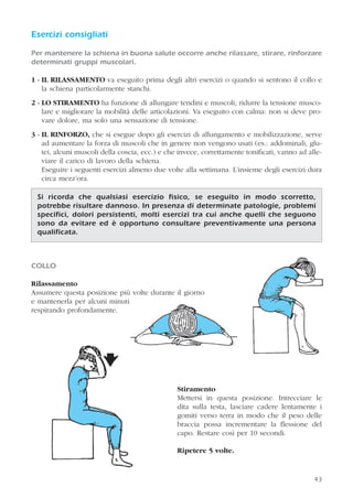 43
Esercizi consigliati
Per mantenere la schiena in buona salute occorre anche rilassare, stirare, rinforzare
determinati gruppi muscolari.
1 - IL RILASSAMENTO va eseguito prima degli altri esercizi o quando si sentono il collo e
la schiena particolarmente stanchi.
2 - LO STIRAMENTO ha funzione di allungare tendini e muscoli; ridurre la tensione musco-
lare e migliorare la mobilità delle articolazioni. Va eseguito con calma: non si deve pro-
vare dolore, ma solo una sensazione di tensione.
3 - IL RINFORZO, che si esegue dopo gli esercizi di allungamento e mobilizzazione, serve
ad aumentare la forza di muscoli che in genere non vengono usati (es.: addominali, glu-
tei, alcuni muscoli della coscia, ecc.) e che invece, correttamente tonificati, vanno ad alle-
viare il carico di lavoro della schiena.
Eseguire i seguenti esercizi almeno due volte alla settimana. L’insieme degli esercizi dura
circa mezz’ora.
COLLO
Rilassamento
Assumere questa posizione più volte durante il giorno
e mantenerla per alcuni minuti
respirando profondamente.
Stiramento
Mettersi in questa posizione. Intrecciare le
dita sulla testa, lasciare cadere lentamente i
gomiti verso terra in modo che il peso delle
braccia possa incrementare la flessione del
capo. Restare così per 10 secondi.
Ripetere 5 volte.
Si ricorda che qualsiasi esercizio fisico, se eseguito in modo scorretto,
potrebbe risultare dannoso. In presenza di determinate patologie, problemi
specifici, dolori persistenti, molti esercizi tra cui anche quelli che seguono
sono da evitare ed è opportuno consultare preventivamente una persona
qualificata.
 