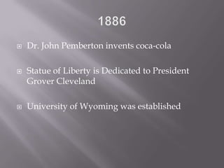 1886Dr. John Pemberton invents coca-colaStatue of Liberty is Dedicated to President Grover ClevelandUniversity of Wyoming was established 