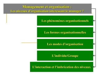 13
13
Management et organisation :
Les niveaux d’organisation intéressant le manager ?
Les phénomènes organisationnels
Les formes organisationnelles
Question sur la frontière de la forme
Les modes d’organisation
L’individu/Groupe
L’interaction et l’imbrication des niveaux
 