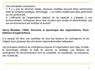 35
Ces principales conclusions :
1- Il n y pas de structure idéale, plusieurs modèles peuvent êtres performants
selon le contexte (stratégie, technologie…) un même modèle peut être performant
ou non performant.
2- L’efficacité de l’organisation dépend de sa capacité à s’adapter à son
environnement, l’entreprise devra être d’autant plus souple et décentralisée, que
son environnement est incertain et évolutif.
Henry Mintzber, (1982), Structure et dynamique des organisations, Paris,
Editions d’organisations.
Il a essayé de faire une synthèse de tous les facteurs de contingence et les
intégrer pour proposer des structures organisationnelles adéquates.
Les principaux facteurs de contingence propres à l’organisation sont l’âge, la taille,
la technologie utilisée, le style de pouvoir, la stratégie. Les facteurs de
contingence de l’environnement sont sa variabilité, sa complexité, sa turbulence,
son incertitude.
 