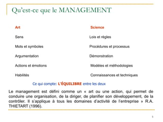 5
5
Qu’est-ce que le MANAGEMENT
Art Science
Sens Lois et règles
Mots et symboles Procédures et processus
Argumentation Démonstration
Actions et émotions Modèles et méthodologies
Habilités Connaissances et techniques
Ce qui compte: L’ÉQUILIBRE entre les deux
Le management est défini comme un « art ou une action, qui permet de
conduire une organisation, de la diriger, de planifier son développement, de la
contrôler. Il s’applique à tous les domaines d’activité de l’entreprise » R.A.
THIETART (1996).
 