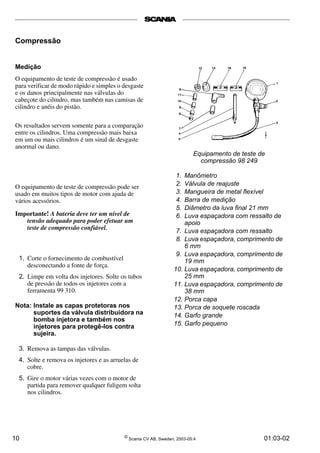 Compressão 
Medição 
O equipamento de teste de compressão é usado 
para verificar de modo rápido e simples o desgaste 
e os danos principalmente nas válvulas do 
cabeçote do cilindro, mas também nas camisas de 
cilindro e anéis do pistão. 
Equipamento de teste de 
compressão 98 249 
1. Manômetro 
2. Válvula de reajuste 
3. Mangueira de metal flexível 
4. Barra de medição 
5. Diâmetro da luva final 21 mm 
6. Luva espaçadora com ressalto de 
apoio 
7. Luva espaçadora com ressalto 
8. Luva espaçadora, comprimento de 
6 mm 
9. Luva espaçadora, comprimento de 
19 mm 
10. Luva espaçadora, comprimento de 
25 mm 
11. Luva espaçadora, comprimento de 
38 mm 
12. Porca capa 
13. Porca de soquete roscada 
14. Garfo grande 
15. Garfo pequeno 
Os resultados servem somente para a comparação 
entre os cilindros. Uma compressão mais baixa 
em um ou mais cilindros é um sinal de desgaste 
anormal ou dano. 
O equipamento de teste de compressão pode ser 
usado em muitos tipos de motor com ajuda de 
vários acessórios. 
Importante! A bateria deve ter um nível de 
tensão adequado para poder efetuar um 
teste de compressão confiável. 
1. Corte o fornecimento de combustível 
desconectando a fonte de força. 
2. Limpe em volta dos injetores. Solte os tubos 
de pressão de todos os injetores com a 
ferramenta 99 310. 
Nota: Instale as capas protetoras nos 
suportes da válvula distribuidora na 
bomba injetora e também nos 
injetores para protegê-los contra 
sujeira. 
3. Remova as tampas das válvulas. 
4. Solte e remova os injetores e as arruelas de 
cobre. 
5. Gire o motor várias vezes com o motor de 
partida para remover qualquer fuligem solta 
nos cilindros. 
10 © Scania CV AB, Sweden, 2003-05:4 01:03-02 
 