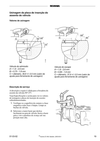 Usinagem da placa de inserção do 
assento de válvula 
Valores de usinagem 
Válvula de admissão 
A = 1,9 - 2,6 mm 
B = 0,75 - 1,8 mm 
C = diâmetro, 39,8 +/- 0,5 mm (valor de 
ajuste para ferramenta de usinagem) 
Descrição de serviço 
A descrição a seguir é válida para a fresadora do 
assento da válvula 587 277. 
Veja Especificações e acima para ver os valores 
de usinagem e placas de inserção do assento 
sobredimensionadas. 
1. Verifique se a superfície de contato e a base 
magnética estão lisas e limpas. Limpe as 
buchas da válvula. 
2. Selecione a maior haste que desliza 
facilmente no guia de válvula. Insira a haste 
guia e vire o parafuso de avanço até sua 
posição mais alta. 
Válvula de escape 
A = 1,8 - 2,6 mm 
B = 0,66 - 1,8 mm 
C = diâmetro, 37,9 +/- 0,5 mm (valor de 
ajuste para ferramenta de usinagem) 
01:03-02 © Scania CV AB, Sweden, 2003-05:4 19 
 