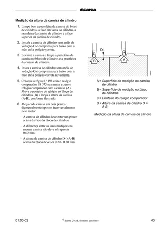 Medição da altura da camisa de cilindro 
1. Limpe bem a prateleira da camisa do bloco 
de cilindros, a face em volta do cilindro, a 
prateleira da camisa de cilindro e a face 
superior da camisa de cilindro. 
2. Instale a camisa de cilindro sem anéis de 
vedação-O e comprima para baixo com a 
mão até a posição correta. 
3. Levante a camisa e limpe a prateleira da 
camisa no bloco de cilindros e a prateleira 
da camisa de cilindro. 
4. Insira a camisa de cilindro sem anéis de 
vedação-O e comprima para baixo com a 
mão até a posição correta novamente. 
5. Coloque a régua 87 198 com o relógio 
comparador 98 075 na camisa e zere o 
relógio comparador com a camisa (A). 
Mova o ponteiro do relógio ao bloco de 
cilindros (B) e meça a altura da camisa 
(A-B), conforme ilustrado. 
6. Meça cada camisa em dois pontos 
diametralmente opostos transversalmente 
pelo motor. 
- A camisa de cilindro deve estar um pouco 
acima da face do bloco de cilindros. 
- A diferença entre as duas medições na 
mesma camisa não deve ultrapassar 
0,02 mm. 
- A altura da camisa de cilindro D (=A-B) 
acima do bloco deve ser 0,20 - 0,30 mm. 
A = Superfície de medição na camisa 
de cilindro 
B = Superfície de medição no bloco 
de cilindros 
C = Ponteiro do relógio comparador 
D = Altura da camisa de cilindro D = 
A-B 
Medição da altura da camisa de cilindro 
01:03-02 © Scania CV AB, Sweden, 2003-05:4 43 
 