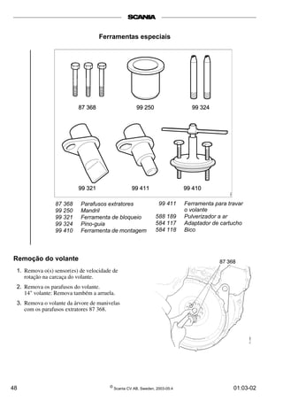 Ferramentas especiais 
87 368 Parafusos extratores 
99 250 Mandril 
99 321 Ferramenta de bloqueio 
99 324 Pino-guia 
99 410 Ferramenta de montagem 
Remoção do volante 
1. Remova o(s) sensor(es) de velocidade de 
rotação na carcaça do volante. 
2. Remova os parafusos do volante. 
14" volante: Remova também a arruela. 
3. Remova o volante da árvore de manivelas 
com os parafusos extratores 87 368. 
99 411 Ferramenta para travar 
o volante 
588 189 Pulverizador a ar 
584 117 Adaptador de cartucho 
584 118 Bico 
48 © Scania CV AB, Sweden, 2003-05:4 01:03-02 
 