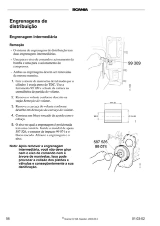 Engrenagens de 
distribuição 
Engrenagem intermediária 
Remoção 
- O sistema de engrenagens de distribuição tem 
duas engrenagens intermediárias. 
- Uma para o eixo de comando e acionamento da 
bomba e uma para o acionamento do 
compressor. 
- Ambas as engrenagens devem ser removidas 
da mesma maneira. 
1. Gire a árvore de manivelas de tal modo que o 
cilindro 1 esteja perto do TDC. Use a 
ferramenta 99 309 e a haste da catraca na 
cremalheira de partida do volante. 
2. Remova o volante conforme descrito na 
seção Remoção do volante. 
3. Remova a carcaça do volante conforme 
descrito em Remoção da carcaça do volante. 
4. Construa um bloco roscado de acordo com o 
esboço. 
5. O eixo no qual a engrenagem é posicionada 
tem uma canaleta. Instale o mandril de apoio 
587 526, o extrator de impacto 99 074 e o 
bloco roscado. Afrouxe a engrenagem e o 
eixo. 
Nota: Após remover a engrenagem 
intermediária, você não deve girar 
nem o eixo de comando nem a 
árvore de manivelas. Isso pode 
provocar a colisão dos pistões e 
válvulas e conseqüentemente a sua 
danificação. 
56 © Scania CV AB, Sweden, 2003-05:4 01:03-02 
 