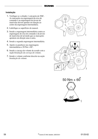 Instalação 
1. Verifique se o cilindro 1 está perto do TDC. 
As marcações na engrenagem do eixo de 
comando e na engrenagem da árvore de 
manivelas devem apontar em direção ao 
centro da engrenagem intermediária. 
2. Lubrifique as superfícies do mancal. 
3. Instale a engrenagem intermediária contra as 
engrenagens do eixo de comando e da árvore 
de manivelas de tal modo que as marcações 
apontem em direção uma à outra. 
4. Instale a segunda engrenagem intermediária. 
5. Aperte os parafusos nas engrenagens 
intermediárias a 50 Nm + 60°. 
6. Instale a carcaça do volante de acordo com a 
seção Instalação da carcaça do volante. 
7. Instale o volante conforme descrito na seção 
Instalação do volante. 
58 © Scania CV AB, Sweden, 2003-05:4 01:03-02 
 