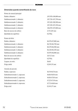 Dimensões quando esmerilhando de novo 
Pontas do mancal principal 
Padrão, diâmetro 107,978-108,000 mm 
Subdimensionado 1, diâmetro 107,728-107,750 mm 
Subdimensionado 2, diâmetro 107,428-108,500 mm 
Subdimensionado 3, diâmetro 107,228-107,250 mm 
Subdimensionado 4, diâmetro 106,978-107,000 mm 
Raio do recesso do orifício 4,75-4,85 mm 
Qualidade da superfície 0,25 Ra 
Pontas da biela 
Padrão, diâmetro 86,978-87,000 mm 
Subdimensionado 1, diâmetro 86,728-86,750 mm 
Subdimensionado 2, diâmetro 86,478-86,500 mm 
Subdimensionado 3, diâmetro 86,228-86,250 mm 
Subdimensionado 4, diâmetro 85,978-86,000 mm 
Raio do recesso do orifício 4,8-5,2 mm 
Qualidade da superfície 0,25 Ra 
Largura, no máx. 56,05 
Folga radial 0,20-0,35 mm 
Arruelas de pressão 
Padrão, espessura 46,70-46,78 mm 
Sobredimensionado 1, espessura 46,86-46,94 mm 
Sobredimensionado 2, espessura 46,96-47,04 mm 
Sobredimensionado 3, espessura 47,22-47,30 mm 
Sobredimensionado 4, espessura 47,72-48,80 mm 
Folga axial 0,18-0,37 mm 
72 © Scania CV AB, Sweden, 2003-05:4 01:03-02 
 