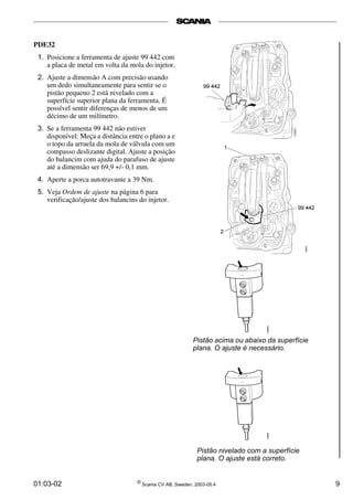 PDE32 
1. Posicione a ferramenta de ajuste 99 442 com 
a placa de metal em volta da mola do injetor. 
2. Ajuste a dimensão A com precisão usando 
um dedo simultaneamente para sentir se o 
pistão pequeno 2 está nivelado com a 
superfície superior plana da ferramenta. É 
possível sentir diferenças de menos de um 
décimo de um milímetro. 
3. Se a ferramenta 99 442 não estiver 
disponível: Meça a distância entre o plano a e 
o topo da arruela da mola de válvula com um 
compasso deslizante digital. Ajuste a posição 
do balancim com ajuda do parafuso de ajuste 
até a dimensão ser 69,9 +/- 0,1 mm. 
4. Aperte a porca autotravante a 39 Nm. 
5. Veja Ordem de ajuste na página 6 para 
verificação/ajuste dos balancins do injetor. 
Pistão acima ou abaixo da superfície 
plana. O ajuste é necessário. 
Pistão nivelado com a superfície 
plana. O ajuste está correto. 
01:03-02 © Scania CV AB, Sweden, 2003-05:4 9 
 