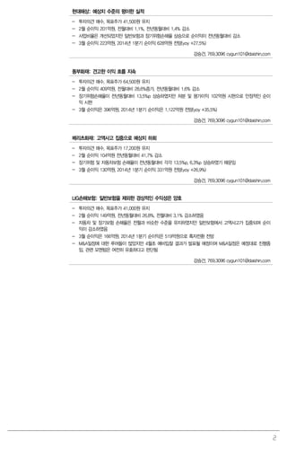 2
현대해상: 예상치 수준의 평이한 실적
- 투자의견 매수, 목표주가 41,500원 유지
- 2월 순이익 201억원, 전월대비 1.1%, 전년동월대비 1.4% 감소
- 사업비율은 개선되었지만 일반보험과 장기위험손해율 상승으로 순이익이 전년동월대비 감소
- 3월 순이익 223억원, 2014년 1분기 순이익 628억원 전망(yoy +27.5%)
강승건. 769.3096 cygun101@daishin.com
동부화재: 견고한 이익 흐름 지속
- 투자의견 매수, 목표주가 64,500원 유지
- 2월 순이익 409억원, 전월대비 28.6%증가, 전년동월대비 1.6% 감소
- 장기위험손해율이 전년동월대비 13.5%p 상승하였지만 처분 및 평가이익 102억원 시현으로 안정적인 순이
익 시현
- 3월 순이익은 396억원, 2014년 1분기 순이익은 1,122억원 전망(yoy +35.5%)
강승건. 769.3096 cygun101@daishin.com
메리츠화재: 고액사고 집중으로 예상치 하회
- 투자의견 매수, 목표주가 17,200원 유지
- 2월 순이익 104억원 전년동월대비 41.7% 감소
- 장기위험 및 자동차보험 손해율이 전년동월대비 각각 13.5%p, 6.3%p 상승하였기 때문임
- 3월 순이익 130억원, 2014년 1분기 순이익 331억원 전망(yoy +26.9%)
강승건. 769.3096 cygun101@daishin.com
LIG손해보험: 일반보험을 제외한 경상적인 수익성은 양호
- 투자의견 매수, 목표주가 41.000원 유지
- 2월 순이익 149억원, 전년동월대비 26.8%, 전월대비 3.1% 감소하였음
- 자동차 및 장기보험 손해율은 전월과 비슷한 수준을 유지하였지만 일반보험에서 고액사고가 집중되며 순이
익이 감소하였음
- 3월 순이익은 166억원, 2014년 1분기 순이익은 519억원으로 흑자전환 전망
- M&A일정에 대한 루머들이 많았지만 4월초 예비입찰 결과가 발표될 예정이며 M&A일정은 예정대로 진행중
임. 관련 모멘텀은 여전히 유효하다고 판단됨
강승건. 769.3096 cygun101@daishin.com
 