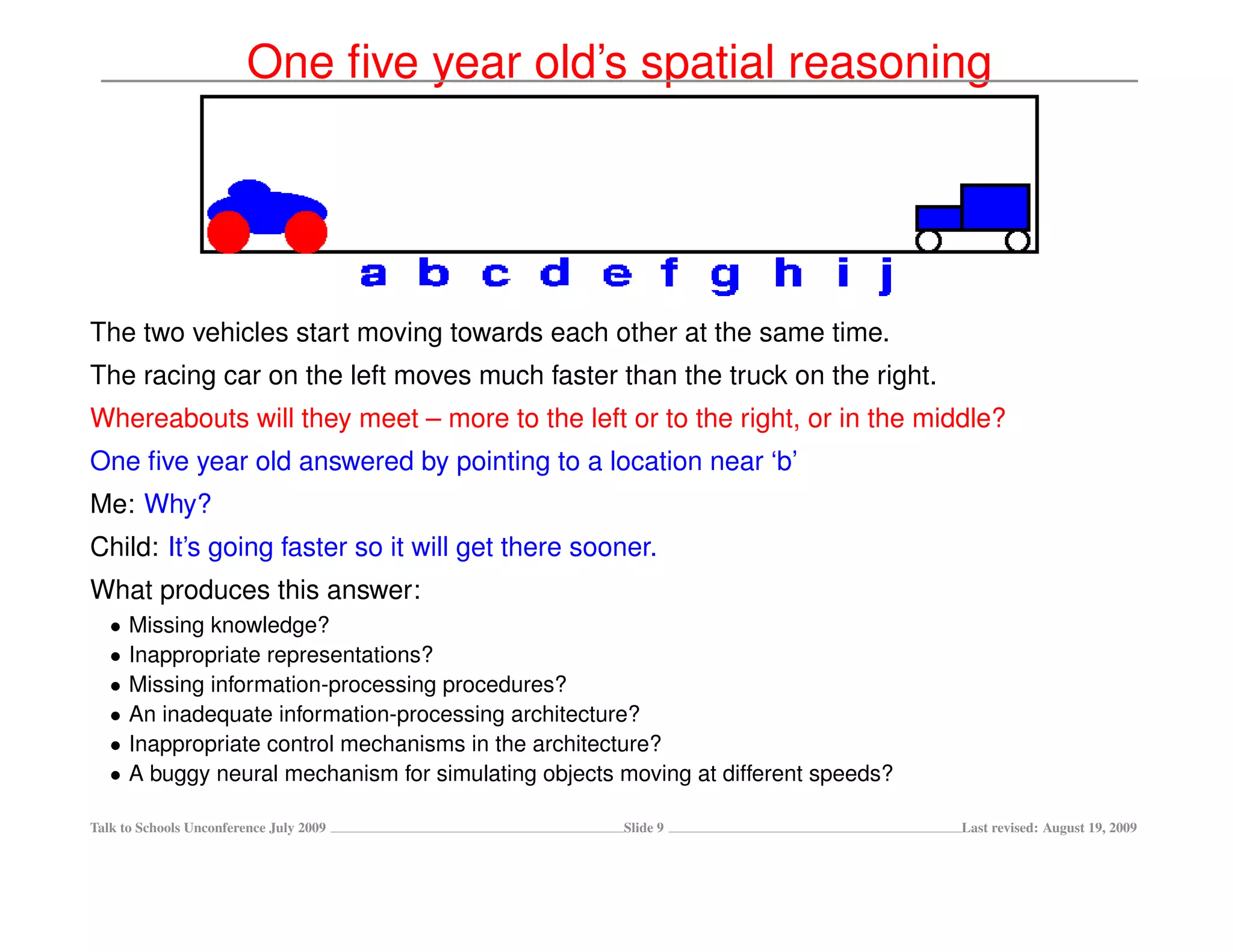 One ﬁve year old’s spatial reasoning




The two vehicles start moving towards each other at the same time.
The racing car on the left moves much faster than the truck on the right.
Whereabouts will they meet – more to the left or to the right, or in the middle?
One ﬁve year old answered by pointing to a location near ‘b’
Me: Why?
Child: It’s going faster so it will get there sooner.
What produces this answer:
   •   Missing knowledge?
   •   Inappropriate representations?
   •   Missing information-processing procedures?
   •   An inadequate information-processing architecture?
   •   Inappropriate control mechanisms in the architecture?
   •   A buggy neural mechanism for simulating objects moving at different speeds?

Talk to Schools Unconference July 2009                 Slide 9                       Last revised: August 19, 2009
 