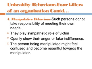 Unhealthy Behaviour-Fourkillers
of an organisation Contd…
4. Manipulative Behaviour-Such persons donot
take responsibility of meeting their own
needs .
 They play sympathetic role of victim
 Openly show their anger or fake indifference.
 The person being manipulated might feel
confused and become resentful towards the
manipulator.
 