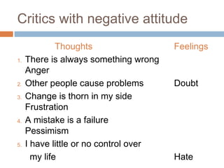 Critics with negative attitude
Thoughts Feelings
1. There is always something wrong
Anger
2. Other people cause problems Doubt
3. Change is thorn in my side
Frustration
4. A mistake is a failure
Pessimism
5. I have little or no control over
my life Hate
 
