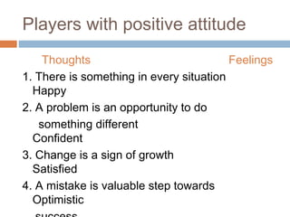 Players with positive attitude
Thoughts Feelings
1. There is something in every situation
Happy
2. A problem is an opportunity to do
something different
Confident
3. Change is a sign of growth
Satisfied
4. A mistake is valuable step towards
Optimistic
 
