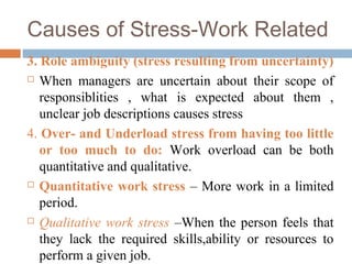 Causes of Stress-Work Related
3. Role ambiguity (stress resulting from uncertainty)
 When managers are uncertain about their scope of
responsiblities , what is expected about them ,
unclear job descriptions causes stress
4. Over- and Underload stress from having too little
or too much to do: Work overload can be both
quantitative and qualitative.
 Quantitative work stress – More work in a limited
period.
 Qualitative work stress –When the person feels that
they lack the required skills,ability or resources to
perform a given job.
 