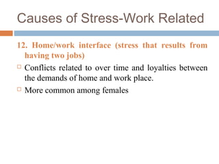 Causes of Stress-Work Related
12. Home/work interface (stress that results from
having two jobs)
 Conflicts related to over time and loyalties between
the demands of home and work place.
 More common among females
 