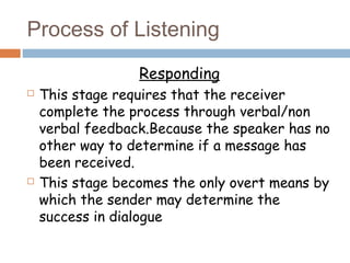 Process of Listening
Responding
 This stage requires that the receiver
complete the process through verbal/non
verbal feedback.Because the speaker has no
other way to determine if a message has
been received.
 This stage becomes the only overt means by
which the sender may determine the
success in dialogue
 