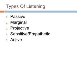 Types Of Listening
1. Passive
2. Marginal
3. Projective
4. Sensitive/Empathetic
5. Active
 