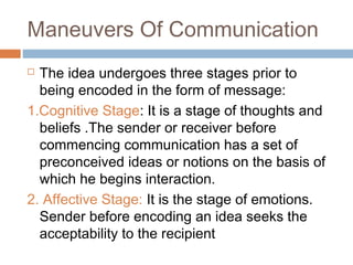 Maneuvers Of Communication
 The idea undergoes three stages prior to
being encoded in the form of message:
1.Cognitive Stage: It is a stage of thoughts and
beliefs .The sender or receiver before
commencing communication has a set of
preconceived ideas or notions on the basis of
which he begins interaction.
2. Affective Stage: It is the stage of emotions.
Sender before encoding an idea seeks the
acceptability to the recipient
 