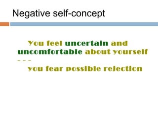 You feel uncertain and
uncomfortable about yourself
- - -
you fear possible rejection
Negative self-concept
 