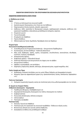 15
Παράρτημα 2
ΕΝΔΕΙΚΤΙΚΗ ΘΕΜΑΤΟΛΟΓΙΑ ΤΩΝ ΠΡΟΓΡΑΜΜΑΤΩΝ ΣΧΟΛΙΚΩΝ ΔΡΑΣΤΗΡΙΟΤΗΤΩΝ
ΕΝΔΕΙΚΤΙΚΗ ΘΕΜΑΤΟΛΟΓΙΑ ΑΓΩΓΗ ΥΓΕΙΑΣ
α. Μαθαίνω για τη ζωή
Υγεία
 Η Υγεία ως πολιτισμικό και κοινωνικό αγαθό
 Διαπολιτισμικές Προσεγγίσεις στην Υγεία και την Ασθένεια
 Εξαρτησιογόνες Ουσίες (καπνός, αλκοόλ, ναρκωτικά )
 Ασθένειες: AIDS, ηπατίτιδα Β, Μεσογειακή αναιμία, καρδιαγγειακά νοσήματα, ασθένειες στο
εργασιακό περιβάλλον, σεξουαλικώς μεταδιδόμενα νοσήματα, καρκίνος
 Στοματική υγιεινή
 Υγιεινή διατροφή
 Ατυχήματα και Ασφάλεια
 Πρώτες Βοήθειες
 Εθελοντισμός και Υγεία: Αιμοδοσία, Προσφορά ιστών και Οργάνων
Ψυχική Υγεία
Κοινωνική Συναισθηματική ανάπτυξη:
 Συναισθηματική και Ψυχοκινητική Ανάπτυξη – Αντιμετώπιση Προβλημάτων
 Αυτοεκτίμηση, Αυτοσυναίσθημα – Ανάπτυξη Δεξιοτήτων
 Αξίες ζωής (Σεβασμός, αγάπη, ειρήνη, συνεργασία, υπευθυνότητα, ανεκτικότητα, ελευθερία,
τιμιότητα, ευγένεια, προσφορά)
 Διαπροσωπικές Σχέσεις
 Διαφυλικές σχέσεις – Σεξουαλική Αγωγή
 Ανάπτυξη δεξιοτήτων για αντιμετώπιση του άγχους και του φόβου
 Αντιμετώπιση πένθους
 Εφηβεία, συμπεριφορές και αντιλήψεις
 Εξαρτήσεις (ναρκωτικά, αλκοόλ, κάπνισμα, ηλεκτρονικά μέσα, τυχερά παιχνίδια, κλπ)
Υγεία, Ιστορία και Τέχνη
 Μυθολογία, Ιστορικές Αντιλήψεις για την υγεία, Έθιμα, δοξασίες και λαογραφικά στοιχεία
 Μνημεία, Έργα και αρχαιολογικοί χώροι (π.χ. προσωποποιήσεις Υγείας, Ασκληπιεία, Αμφιαράεια
κ.ά.)
Υγεία και Λογοτεχνία
 Ζητήματα σωματικής/ ψυχικής υγείας και ποιότητας ζωής στην μυθιστοριογραφία και την ποίηση
β. Αγωγή του Ενεργού Πολίτη
Ανθρώπινα Δικαιώματα – Δημοκρατία
 Προβλήματα Φτώχειας, Αναλφαβητισμού κ.ά
 Δημοκρατικά δικαιώματα, δικαιώματα του πολίτη, δικαιώματα του παιδιού
 Διαφορετικότητα
 Κοινωνικός αποκλεισμός, Ισότητα ευκαιριών
 Ισότητα φύλων
 Ρατσισμός, ξενοφοβία
Ποιότητα Ζωής
 Κατοικία, Υγιεινή και Ασφάλεια
 Ποιότητα ζωής στο εργασιακό και κοινωνικό περιβάλλον - Έκθεση σε τοξικές ουσίες
 Φυσική Ζωή, άσκηση και υγιεινός τρόπος διαβίωσης
 Διατροφικές συνήθειες και μεταλλαγμένα τρόφιμα
 
