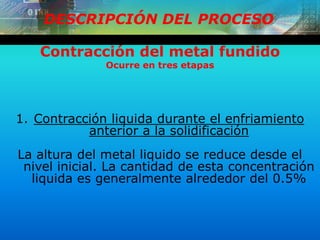 DESCRIPCIÓN DEL PROCESO
Contracción del metal fundido
Ocurre en tres etapas
1. Contracción liquida durante el enfriamiento
anterior a la solidificación
La altura del metal liquido se reduce desde el
nivel inicial. La cantidad de esta concentración
liquida es generalmente alrededor del 0.5%
 