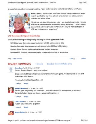 Verizon Lead to Succeed Speeds Toward 2014 Goal