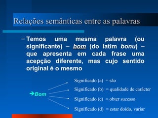 Relações semânticas entre as palavrasRelações semânticas entre as palavras
– Temos uma mesma palavra (ou
significante) – bombom (do latim bonu) –
que apresenta em cada frase uma
acepção diferente, mas cujo sentido
original é o mesmo
Bom
Significado (a) = são
Significado (b) = qualidade de carácter
Significado (c) = obter sucesso
Significado (d) = estar doido, variar
 