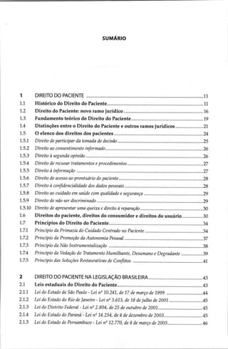 SUMÁRIO
ER ED IE sines prada ci Sanka one E 11
Histórico do Direito do PACIENTE, sssecconsssenenssnissisiiditvessittessbcasnesnabecdannssearsonniece’ 11
Direito do Paciente: novo ramo jurídico ...................c
eirreeeeerereeseeerereereness 16
Fundamento teórico do Direito do Paciente...................... eee 19
Distinções entre o Direito do Paciente e outros ramos jurídicos ....................... 21
O elenco dos direitos dos pacientes ..0..0.........ccccesesessssssesesesesescecssssesescscscscesseescseevees 24
Direito de participar da tomada de decisão zaciniti
ssas 25
DRDS an CONCRETO THOT INTO neoprene rrenan paia a RS qa 26
DOSH NE IIMs Ss copas isa ea Ta Ore dad ana rt 26
Direito de recusar tratamentos e procedimentos ...........s.scescssesessesessescsssssscscscscsscscescseseeees 27
E ia e POSSE PER RED NENE USER
SNS 27
Direto de does do prontuirio do PERIE ooo csancacisievcpacavaczsnserbeatasncessvadeitidaastacccinanesiseibes 28
Direito à confidencialidade dos dados pessoais .........s.ssssssssssssssssssssssesessssssssesssssssessscsceaeee 28
Direito ao cuidado em saúde com qualidade e segurança ........s.sssssssssesessssssssssssssssesssesseee 29
Era Ag POE ND RR DR DRE O 29
Direito de apresentar uma queixa e direito à reparação .........cscscssssesesesesssvsssssssssssssceseesees 30
Direitos do paciente, direitos do consumidor e direitos do usuário ................. 30
Piincipios do Direito do Padeiro
arotacatensetasrena nc qa 34
Princípio da Primazia do Cuidado Centrado no Paciente .........:.c.s.sssssssssesssssssesssesesseacees 34
Princípio da Promoção da Autonomia Pessoal ..........s.scsssssesssssessssscsesssssesssesessssacacscacacees 37
Principio da Não Instrumentalização ahisi iaiia an Rinrdasencenbassaseuersessve 38
Princípio da Vedação do Tratamento Humilhante, Desumano e Degradante ................ 39
Princípio das Soluções Restaurativas de Conflitos ..........ssssssesssssssesssssssssessesesssesssescesensee 41
DIREITO DO PACIENTE NA LEGISLAÇÃO BRASILEIRA... 43
Leis estaduais do Direito do Paciente...................c:csscssssssssssssssssssssssssssessssssecsseceenees 43
Lei do Estado de São Paulo - Lei nº 10.241, de 17 de março de 1999 .i....cececssssssssssssssseees 44
Lei do Estado do Rio de Janeiro - Lei nº 3.613, de 18 de julho de 2001 .........c.ss.cssssss000000. 45
Lei do Distrito Federal - Lei nº 2.804, de 25 de outubro de 2001.......... ts 45
Lei do Estado do Paraná - Lei nº 14.254, de 4 de dezembro de 2003... 45
Lei do Estado de Pernambuco - Lei nº 12.770, de 8 de março de 2005.0........scssssssssseseseees 46
 