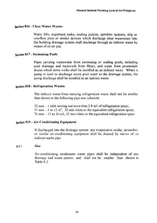 Revised Natior.ol Plumbing COOe of th9 Philippi!"lcs
S«tion 816 ~Clear Vater Wastes
Water lith., expansion tan~ cooJing jackets, sprinkler system.'i, drip or
overflow pans or similar devices which disc.harge clear wastew,tter into
the buildiug drainage system shall discharge through an indirect waste by
means ofan air gap.
Se<;tion 817- SwiJumin~ Pools
Pipes carryi11g wastewater from swimming or wading pools., including
pool drainage and backwash from filters, and water from promenade
drains which serve walks shall be installed as an indirect wa.stc Where a
pump is used to discharge waste p~)ol water to the drainage system, the
pump discharge shall be installeJ as an indirect waste.
Strtion 818- Refri~t-ration Vastes
The indir~~t waste lines carrying refrigeration waste shall not be smaller
than shown in lhe following pipe size schedule:
32 mm -- l inlet serving not more than 2.8 m3 ofrefrigeration space~
SI mm- 4 to 12m· 32 mm inlets or the equivalent refrigeration space~
76 mm ··· 13 to 36m3~ 32 mm inlets or the equivalent refrigeration space
Stction 8t9 • Air-CondiC ioning Equipmrnt
if discharged into the drainage system any evaporative cooler, airwa~;her,
or ~imilar air-conditioning equipment shall be drained by means of ;:n
indirect waste pipe.
WU Size
Air-conditioning condensate waste pipes shall be independent of any
drainage and waste system and shall not be smaller than shown in
Table 8-2.
')9
 