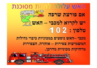 ‫אם פורצת שרפה‬
        ‫יש לקרוא למכבי – האש‬
                      ‫טלפון :‬
‫מכבי –האש נוסעים במכוניות כיבוי גדולות‬
    ‫המשמיעות צפירות – אזהרה. הצפירות‬
                 ‫מרחיקות מכוניות מדרכן.‬
 
