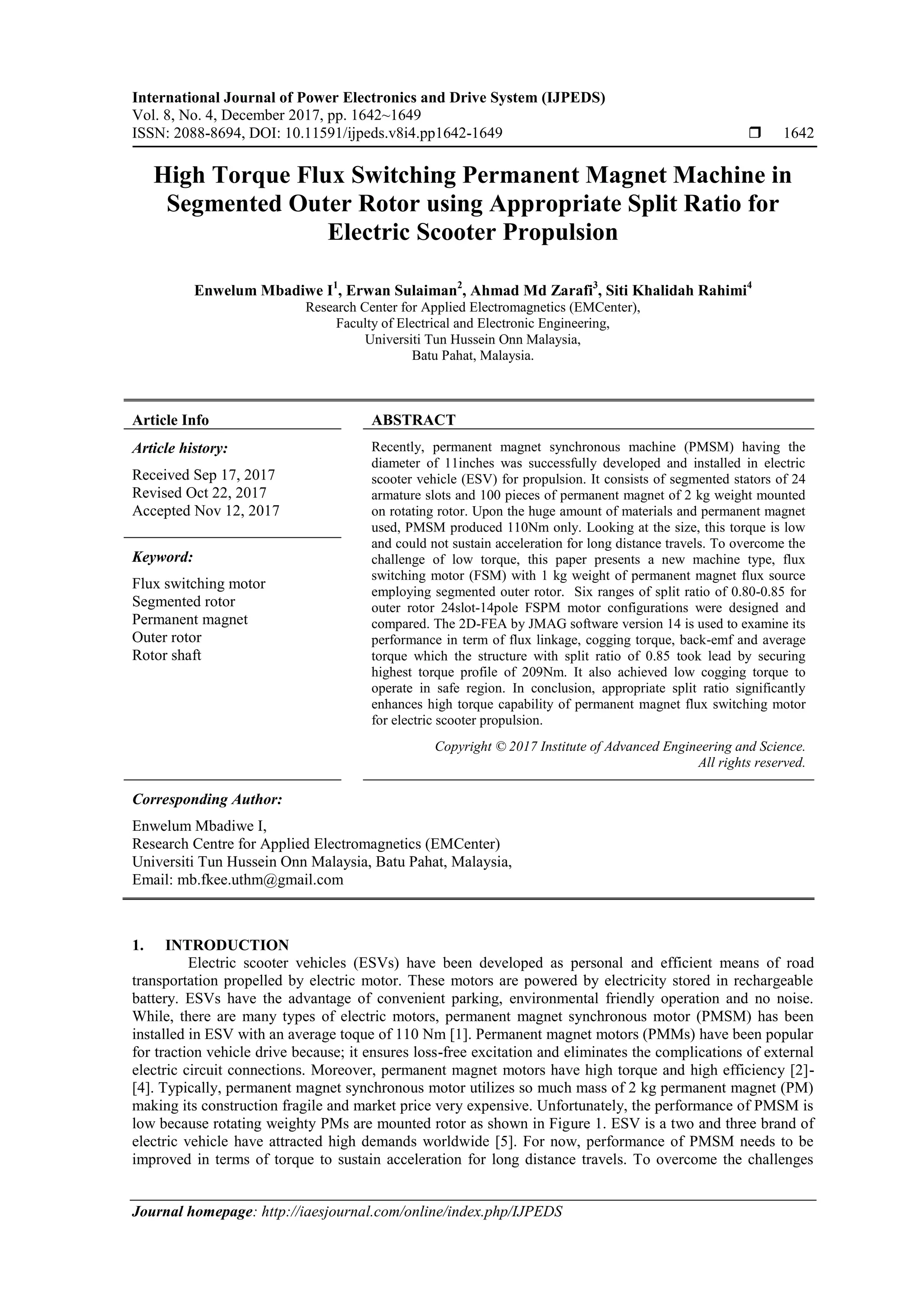 High Torque Flux Switching Permanent Magnet Machine in Segmented Outer ...