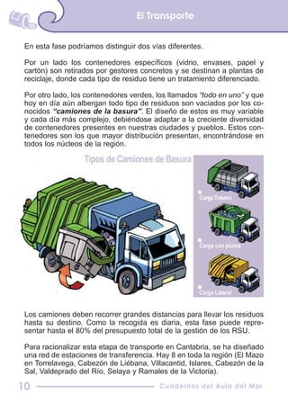 En esta fase podríamos distinguir dos vías diferentes.
Por un lado los contenedores específicos (vidrio, envases, papel y
cartón) son retirados por gestores concretos y se destinan a plantas de
reciclaje, donde cada tipo de residuo tiene un tratamiento diferenciado.
Por otro lado, los contenedores verdes, los llamados “todo en uno” y que
hoy en día aún albergan todo tipo de residuos son vaciados por los co-
nocidos “camiones de la basura”. El diseño de estos es muy variable
y cada día más complejo, debiéndose adaptar a la creciente diversidad
de contenedores presentes en nuestras ciudades y pueblos. Estos con-
tenedores son los que mayor distribución presentan, encontrándose en
todos los núcleos de la región.
Los camiones deben recorrer grandes distancias para llevar los residuos
hasta su destino. Como la recogida es diaria, esta fase puede repre-
sentar hasta el 80% del presupuesto total de la gestión de los RSU.
Para racionalizar esta etapa de transporte en Cantabria, se ha diseñado
una red de estaciones de transferencia. Hay 8 en toda la región (El Mazo
en Torrelavega, Cabezón de Liébana, Villacantid, Islares, Cabezón de la
Sal, Valdeprado del Río, Selaya y Ramales de la Victoria).
El Transporte
Cuadernos del Aula del Mar10
 