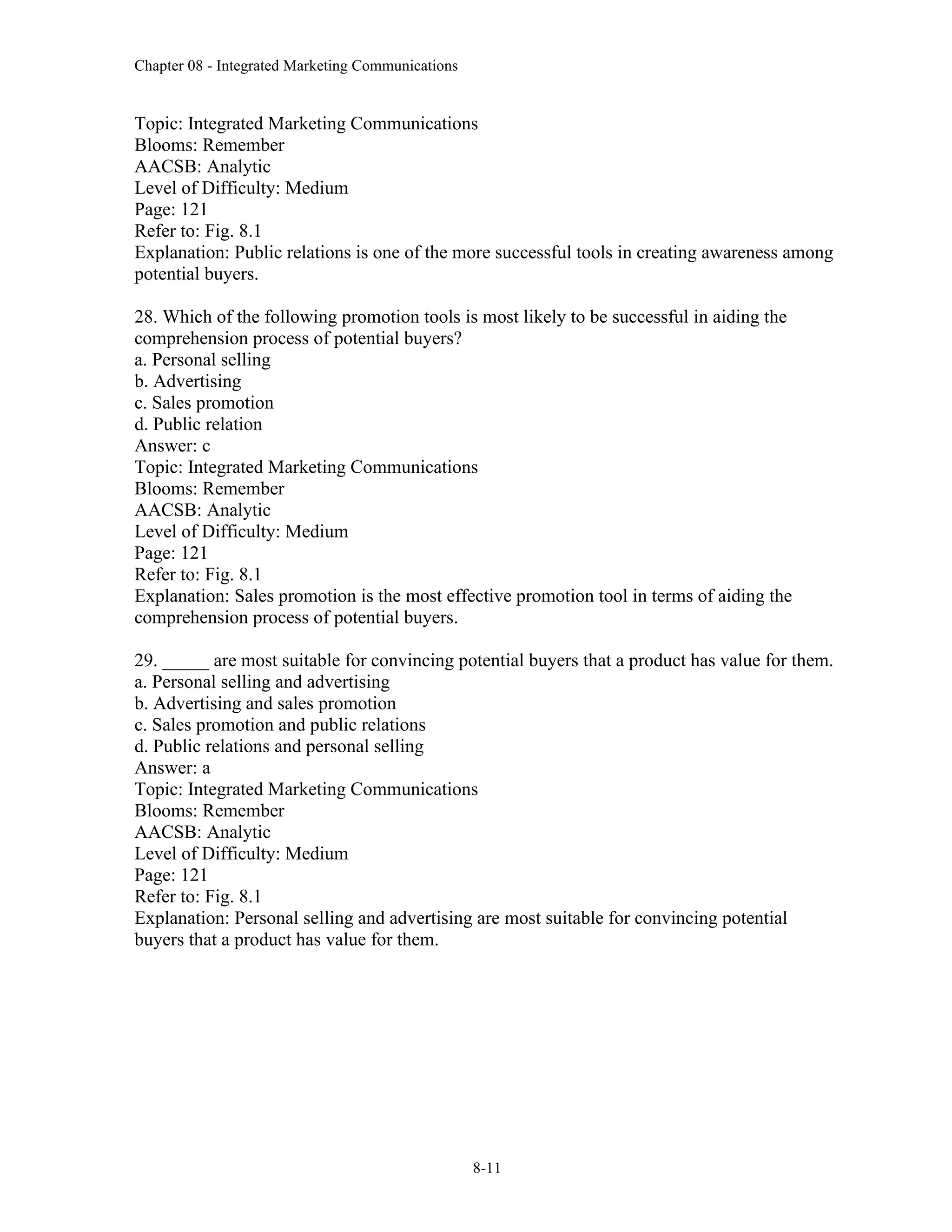 Chapter 08 - Integrated Marketing Communications
8-11
Topic: Integrated Marketing Communications
Blooms: Remember
AACSB: Analytic
Level of Difficulty: Medium
Page: 121
Refer to: Fig. 8.1
Explanation: Public relations is one of the more successful tools in creating awareness among
potential buyers.
28. Which of the following promotion tools is most likely to be successful in aiding the
comprehension process of potential buyers?
a. Personal selling
b. Advertising
c. Sales promotion
d. Public relation
Answer: c
Topic: Integrated Marketing Communications
Blooms: Remember
AACSB: Analytic
Level of Difficulty: Medium
Page: 121
Refer to: Fig. 8.1
Explanation: Sales promotion is the most effective promotion tool in terms of aiding the
comprehension process of potential buyers.
29. _____ are most suitable for convincing potential buyers that a product has value for them.
a. Personal selling and advertising
b. Advertising and sales promotion
c. Sales promotion and public relations
d. Public relations and personal selling
Answer: a
Topic: Integrated Marketing Communications
Blooms: Remember
AACSB: Analytic
Level of Difficulty: Medium
Page: 121
Refer to: Fig. 8.1
Explanation: Personal selling and advertising are most suitable for convincing potential
buyers that a product has value for them.
 