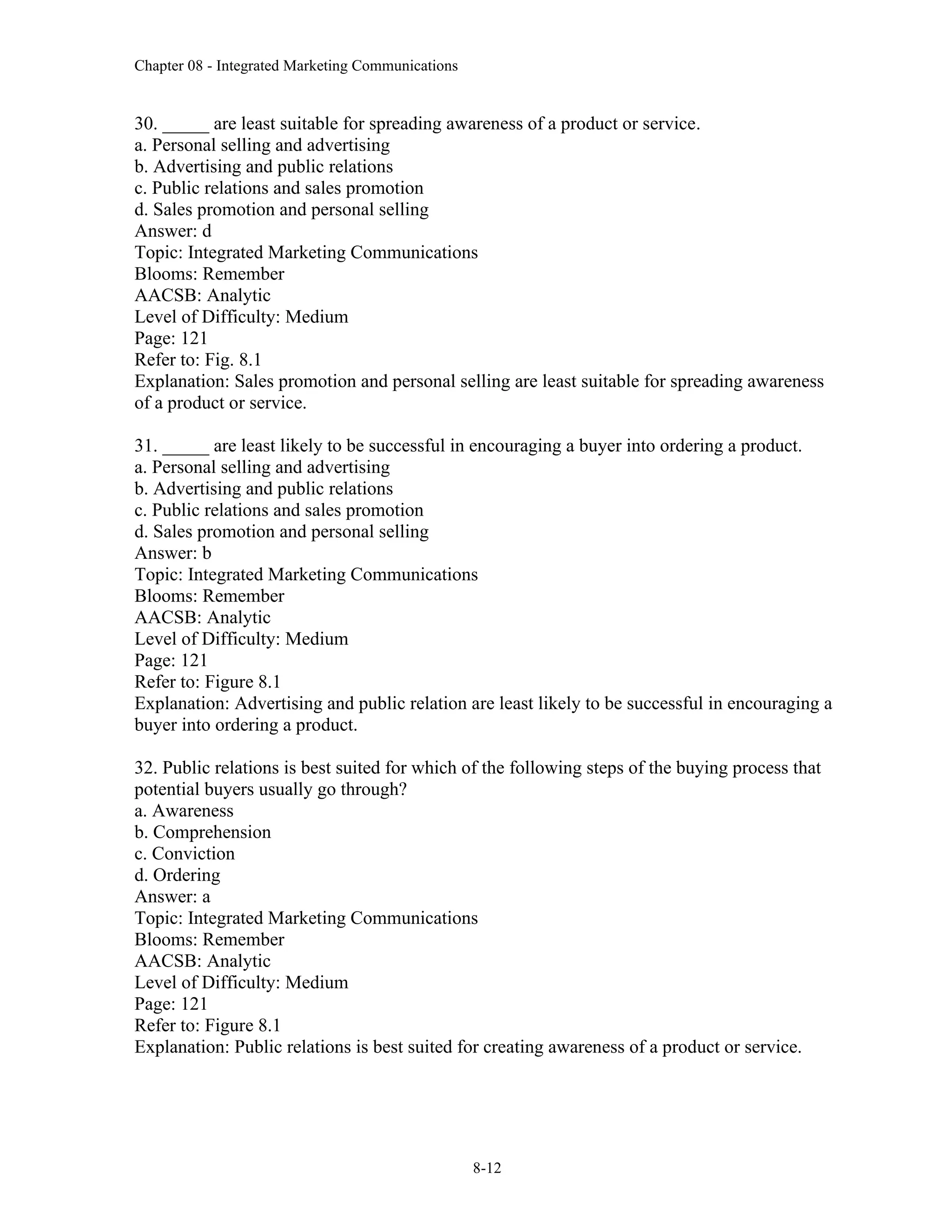 Chapter 08 - Integrated Marketing Communications
8-12
30. _____ are least suitable for spreading awareness of a product or service.
a. Personal selling and advertising
b. Advertising and public relations
c. Public relations and sales promotion
d. Sales promotion and personal selling
Answer: d
Topic: Integrated Marketing Communications
Blooms: Remember
AACSB: Analytic
Level of Difficulty: Medium
Page: 121
Refer to: Fig. 8.1
Explanation: Sales promotion and personal selling are least suitable for spreading awareness
of a product or service.
31. _____ are least likely to be successful in encouraging a buyer into ordering a product.
a. Personal selling and advertising
b. Advertising and public relations
c. Public relations and sales promotion
d. Sales promotion and personal selling
Answer: b
Topic: Integrated Marketing Communications
Blooms: Remember
AACSB: Analytic
Level of Difficulty: Medium
Page: 121
Refer to: Figure 8.1
Explanation: Advertising and public relation are least likely to be successful in encouraging a
buyer into ordering a product.
32. Public relations is best suited for which of the following steps of the buying process that
potential buyers usually go through?
a. Awareness
b. Comprehension
c. Conviction
d. Ordering
Answer: a
Topic: Integrated Marketing Communications
Blooms: Remember
AACSB: Analytic
Level of Difficulty: Medium
Page: 121
Refer to: Figure 8.1
Explanation: Public relations is best suited for creating awareness of a product or service.
 