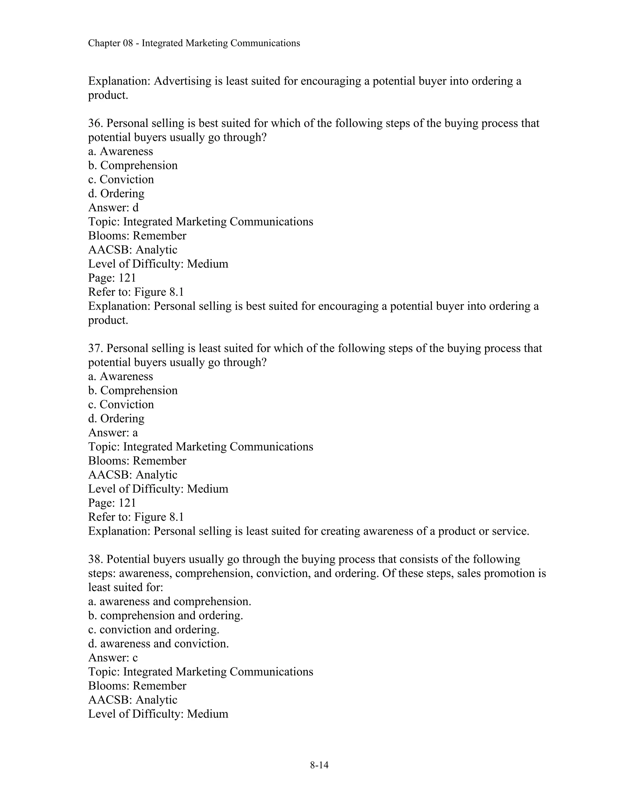 Chapter 08 - Integrated Marketing Communications
8-14
Explanation: Advertising is least suited for encouraging a potential buyer into ordering a
product.
36. Personal selling is best suited for which of the following steps of the buying process that
potential buyers usually go through?
a. Awareness
b. Comprehension
c. Conviction
d. Ordering
Answer: d
Topic: Integrated Marketing Communications
Blooms: Remember
AACSB: Analytic
Level of Difficulty: Medium
Page: 121
Refer to: Figure 8.1
Explanation: Personal selling is best suited for encouraging a potential buyer into ordering a
product.
37. Personal selling is least suited for which of the following steps of the buying process that
potential buyers usually go through?
a. Awareness
b. Comprehension
c. Conviction
d. Ordering
Answer: a
Topic: Integrated Marketing Communications
Blooms: Remember
AACSB: Analytic
Level of Difficulty: Medium
Page: 121
Refer to: Figure 8.1
Explanation: Personal selling is least suited for creating awareness of a product or service.
38. Potential buyers usually go through the buying process that consists of the following
steps: awareness, comprehension, conviction, and ordering. Of these steps, sales promotion is
least suited for:
a. awareness and comprehension.
b. comprehension and ordering.
c. conviction and ordering.
d. awareness and conviction.
Answer: c
Topic: Integrated Marketing Communications
Blooms: Remember
AACSB: Analytic
Level of Difficulty: Medium
 