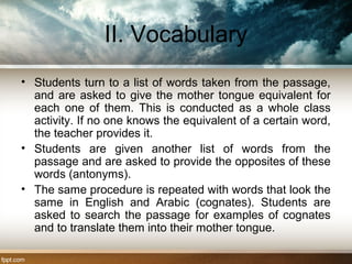 II. Vocabulary
• Students turn to a list of words taken from the passage,
and are asked to give the mother tongue equivalent for
each one of them. This is conducted as a whole class
activity. If no one knows the equivalent of a certain word,
the teacher provides it.
• Students are given another list of words from the
passage and are asked to provide the opposites of these
words (antonyms).
• The same procedure is repeated with words that look the
same in English and Arabic (cognates). Students are
asked to search the passage for examples of cognates
and to translate them into their mother tongue.
 