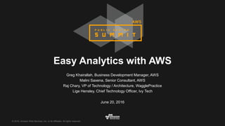 © 2016, Amazon Web Services, Inc. or its Affiliates. All rights reserved.
Greg Khairallah, Business Development Manager, AWS
Malini Saxena, Senior Consultant, AWS
Raj Chary, VP of Technology / Architecture, WagglePractice
Lige Hensley, Chief Technology Officer, Ivy Tech
June 20, 2016
Easy Analytics with AWS
 