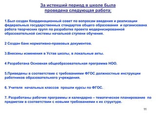 За истекший период в школе была
проведена следующая работа:
1.Был создан Координационный совет по вопросам введения и реализации
федеральных государственных стандартов общего образования и организована
работа творческих групп по разработке проекта модернизированной
образовательной системы начальной ступени обучения.

2 Создан банк нормативно-правовых документов.
3.Внесены изменения в Устав школы, в локальные акты.
4 Разработана Основная общеобразовательная программа НОО.
5.Приведены в соответствие с требованиями ФГОС должностные инструкции
работников образовательного учреждения.
6. Учителя начальных классов прошли курсы по ФГОС.

7. Разработаны рабочие программы и календарно – тематическое планирование по
предметам в соответствии с новыми требованиями к их структуре.
11

 